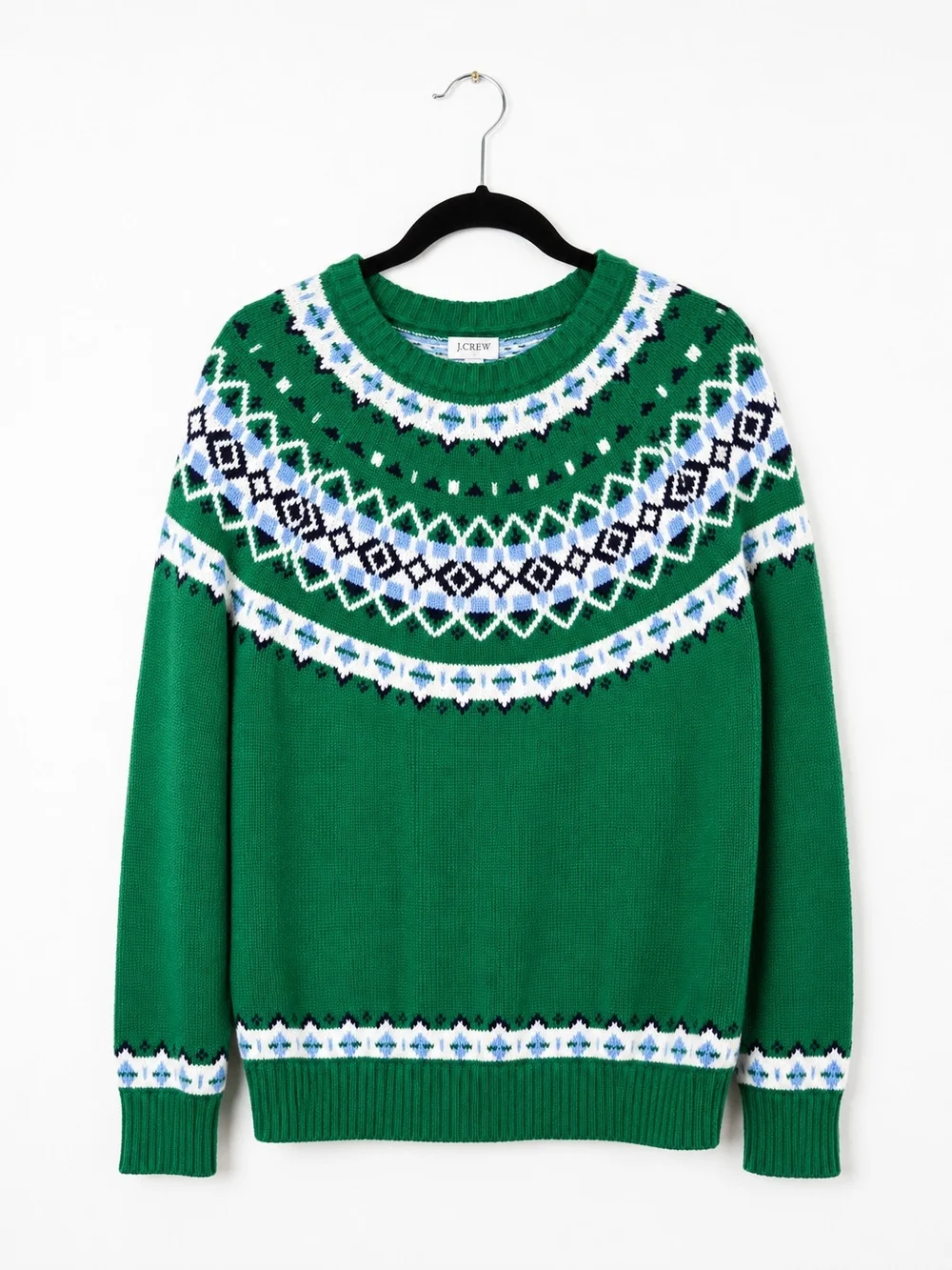 J.Crew Fair Isle Sweater Green Nordic Cotton Crewneck Knit Pullover Medium